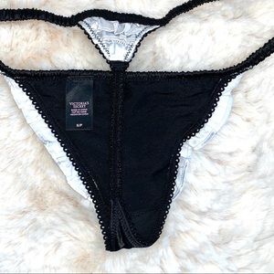 Rare Victoria's Secret black satin french maid sexy little thong panty ruffle